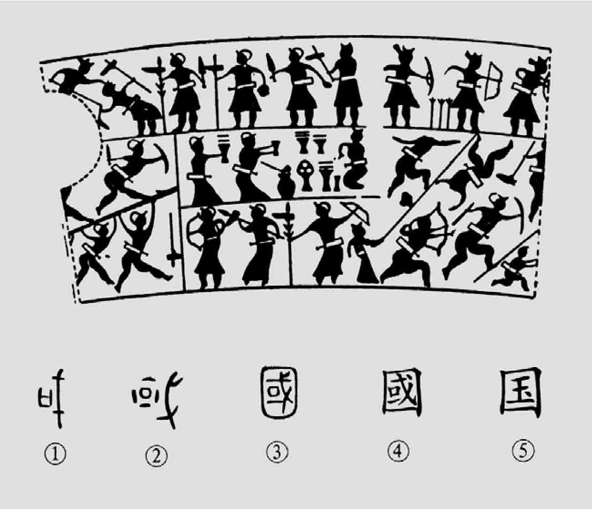 图2.2 “国”字的古字形象和汉代石刻中的攻战图纹和很多相似之处