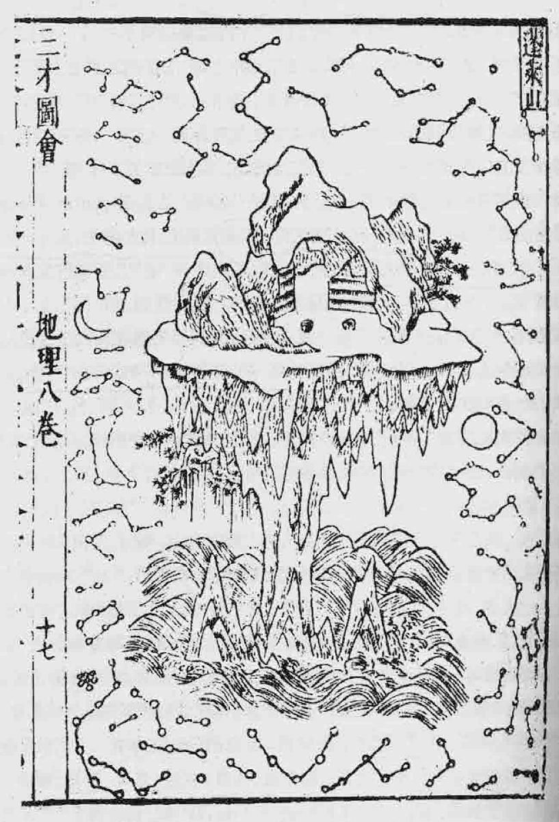 图3.5 《三才图绘》中的蓬莱山图，描绘仙山“山之根无所连箸，常随潮波上下往还”