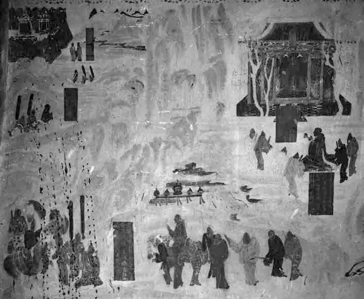 图5.4 在敦煌莫高窟第323窟北壁西端，有一幅壁画表现的就是张骞出使西域的故事。此图是现存最早的“张骞出使西域图”