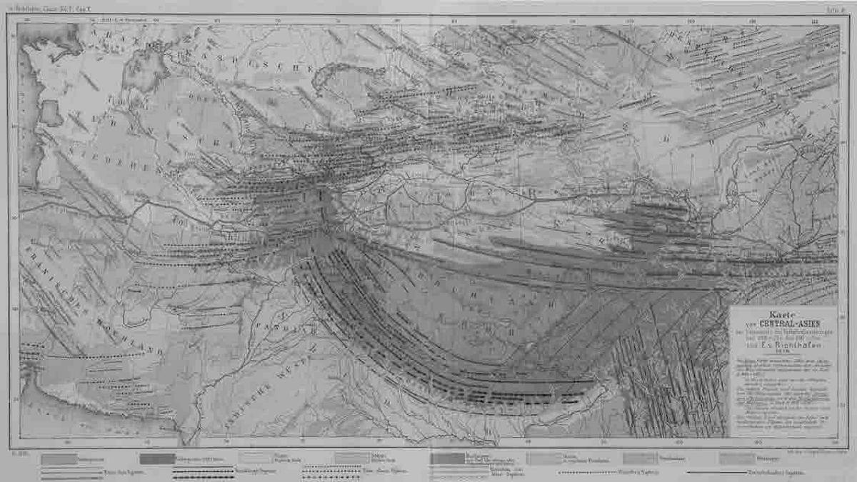 图6.4 德国地理学家李希霍芬在他1876年绘制的《中亚地图》中，用明显的橘色标示出“丝绸之路”，它也由此成为了世界上第一幅丝绸之路