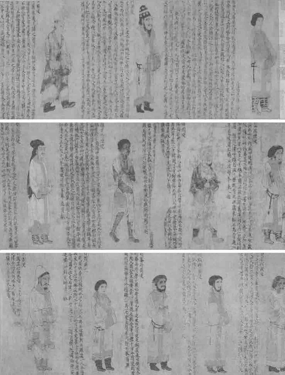 图6.5 《职贡图》原为南朝梁元帝萧绎(约508——554年)所绘,原图共绘有25国使,反映了当时南朝与各国友好相处,来朝贡的使臣不绝于途的盛况。但存世的宋摹本上仅余12使臣,及题记述各国风情。此图为宋摹本局部