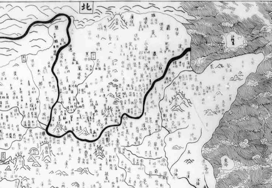 图3.7 宋代《九域守令图》中不仅描绘出中国东部的海岸线、山东半岛，而且在图上明确标记出“东海”二字