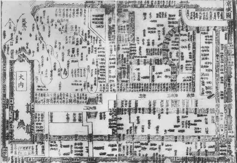 图4.9 咸淳四年（1268年）由潜说友编纂的《咸淳临安志》里留下了一幅《京城图》，我们可以借此看一下700多年前的杭州