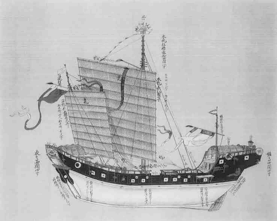 图7.3 “官本船”大多是“福船型”的远洋海船，福船有多个分隔开来的密封舱，故能抗击远洋风浪。图为日本人绘制的清初福船