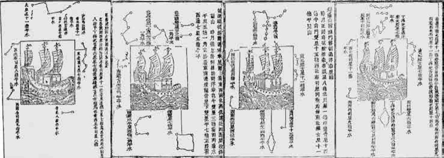 图8.2 《郑和航海图》卷尾所附“丁得把昔到忽鲁谟斯”“锡兰山回苏门答剌”“龙延屿往锡兰”“忽鲁谟斯回古里国”4幅《过洋牵星图》