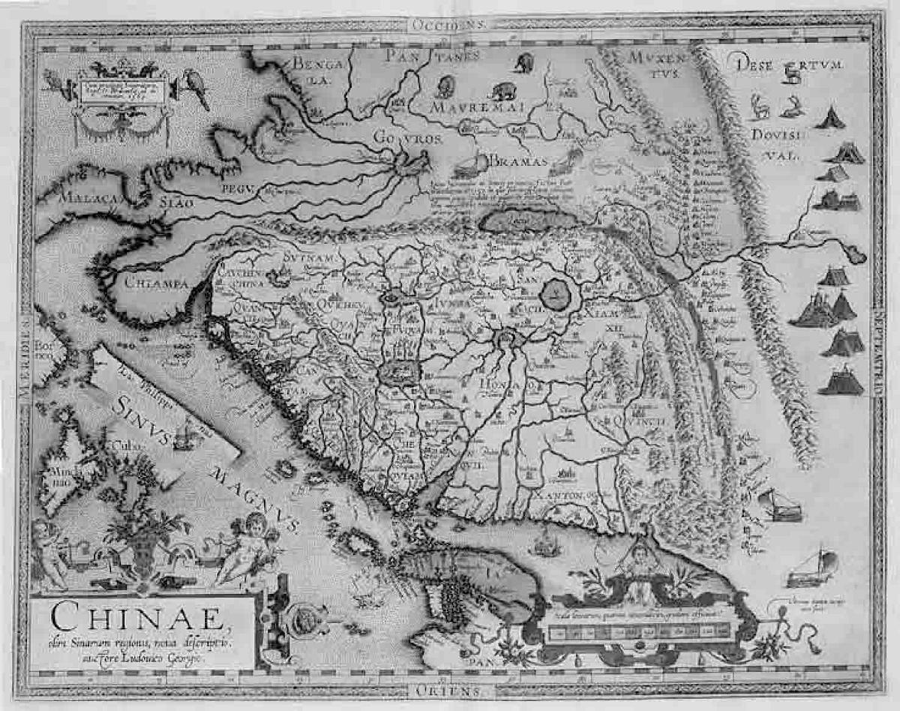图8.10 奥特里乌斯1585年在荷兰安特卫普出版的《世界概观》地图集，它收录了一幅葡萄牙地理学家乔里奥所绘制的《中国地图》，这是西方世界的首张单幅的中国地图