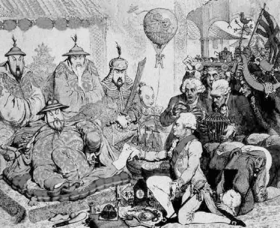 图9.2 英国画家吉尔雷绘制《乾隆会见英使马戛尔尼》的漫画，以讽刺笔法嘲笑了大清帝国的傲慢