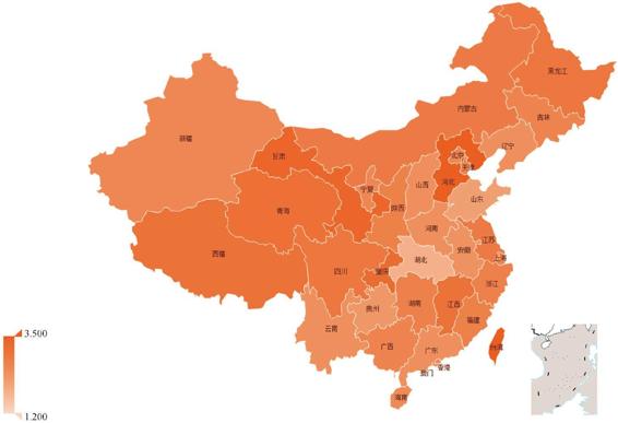 图3-69 全国各省颜值得分的空间分布
